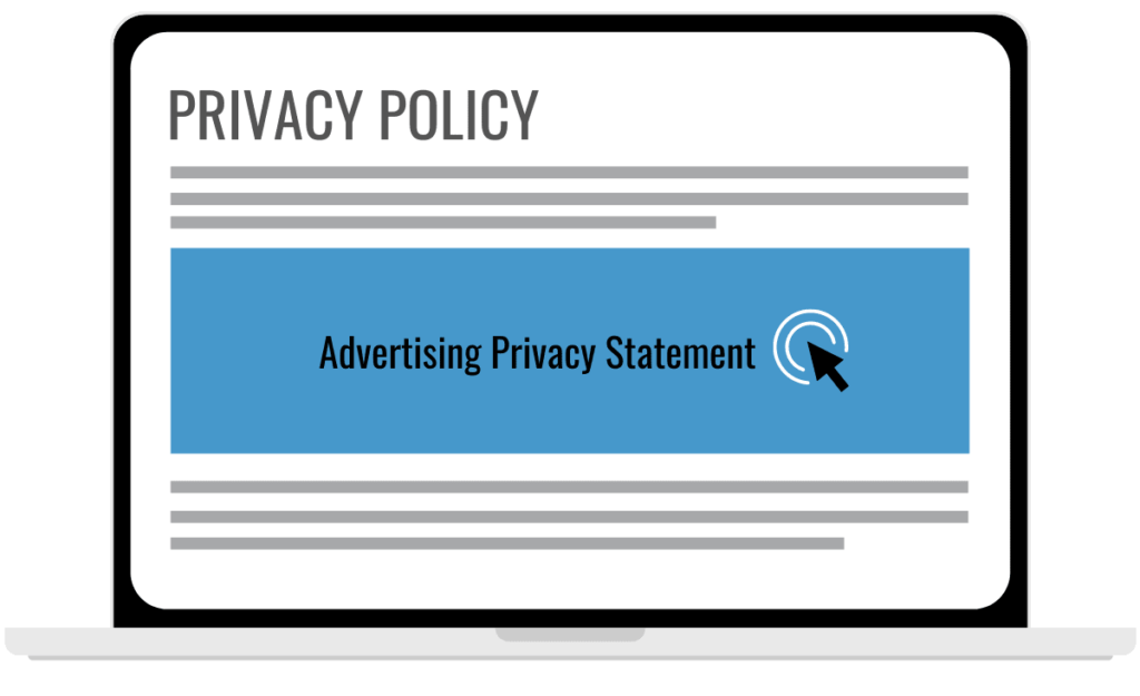 Visual of a computer screen with the words "privacy policy" at the top with lines indicating text for the advertising privacy statement