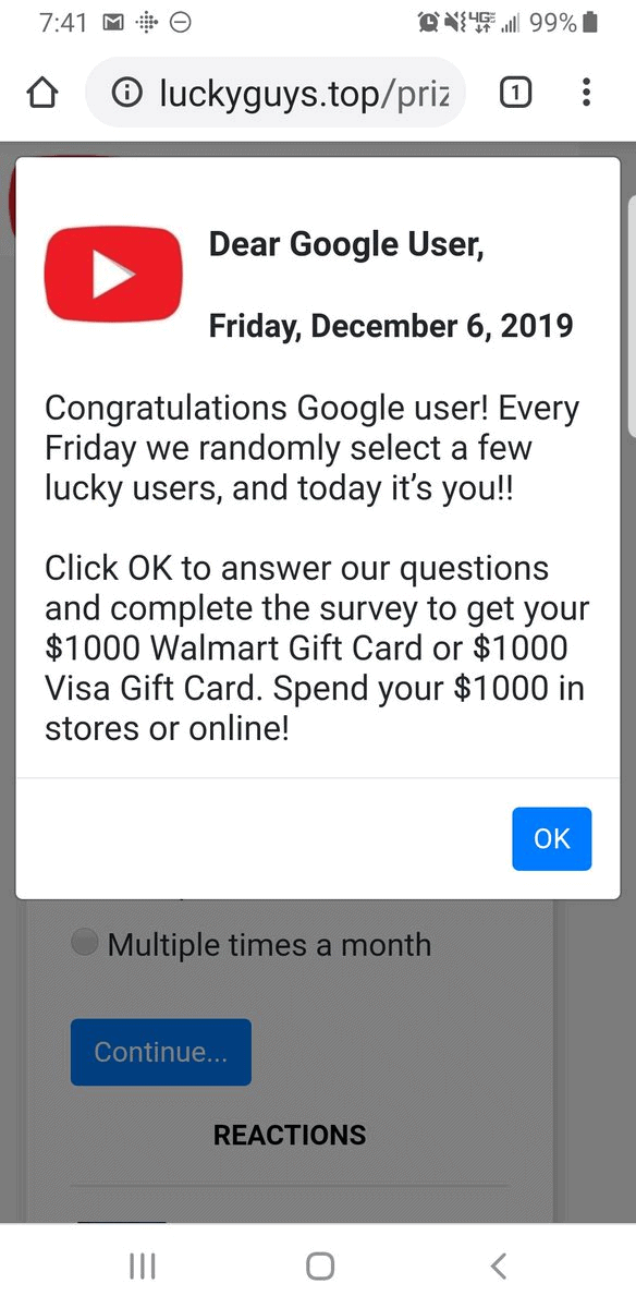 Example of a redirect ad that takes the user to a new webpage and tells them they won a $1,000 gift card.