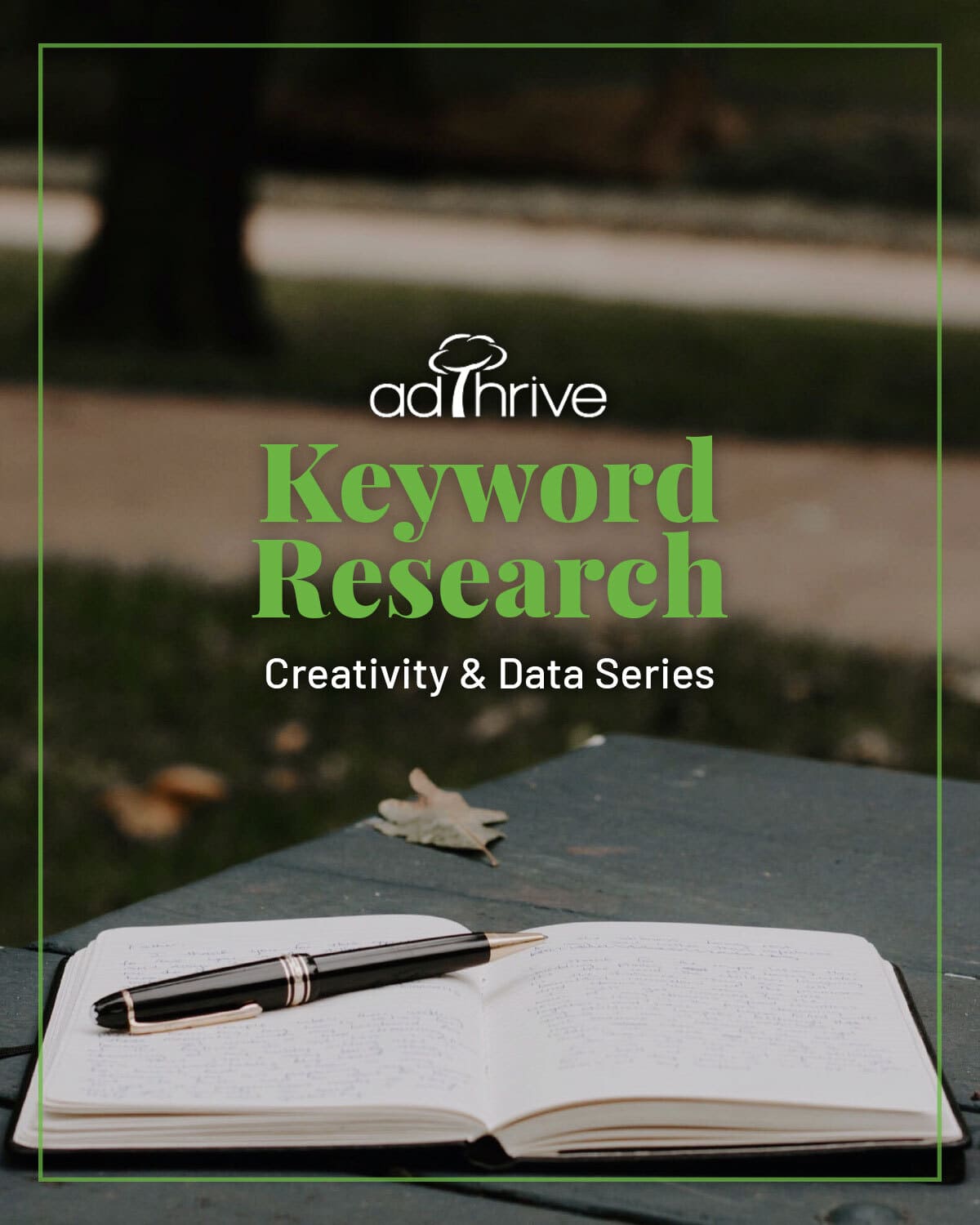 Open journal with a pen on it laying on a park bench advertising Keyword Research.