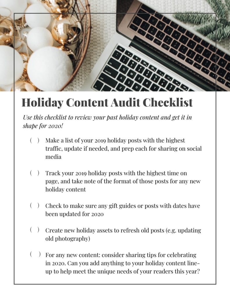 A holiday content checklist with a top down view of a laptop and bowl of white and gold ball ornaments
