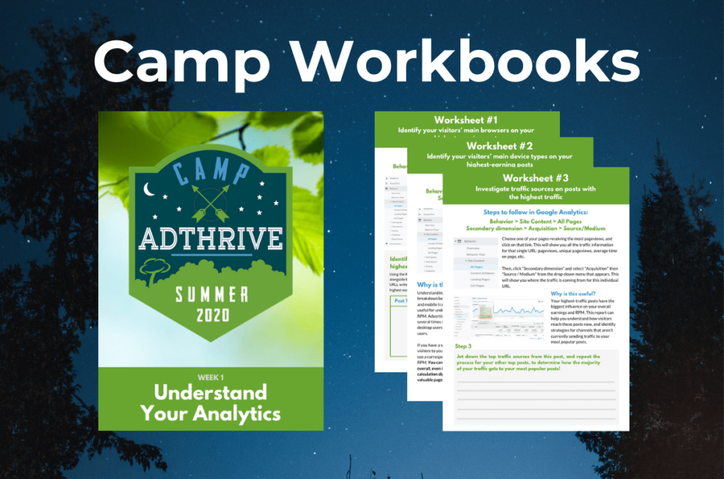 AdThrive camp workbook cover and worksheet examples