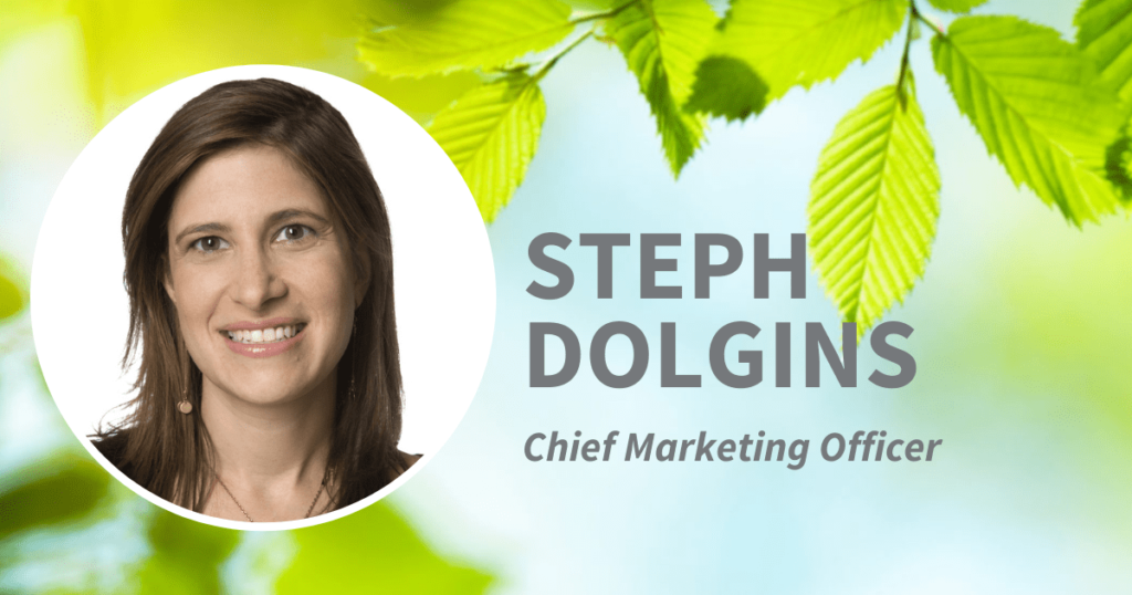 a social image card with a headshot of Steph and her name and title set to a leaf background