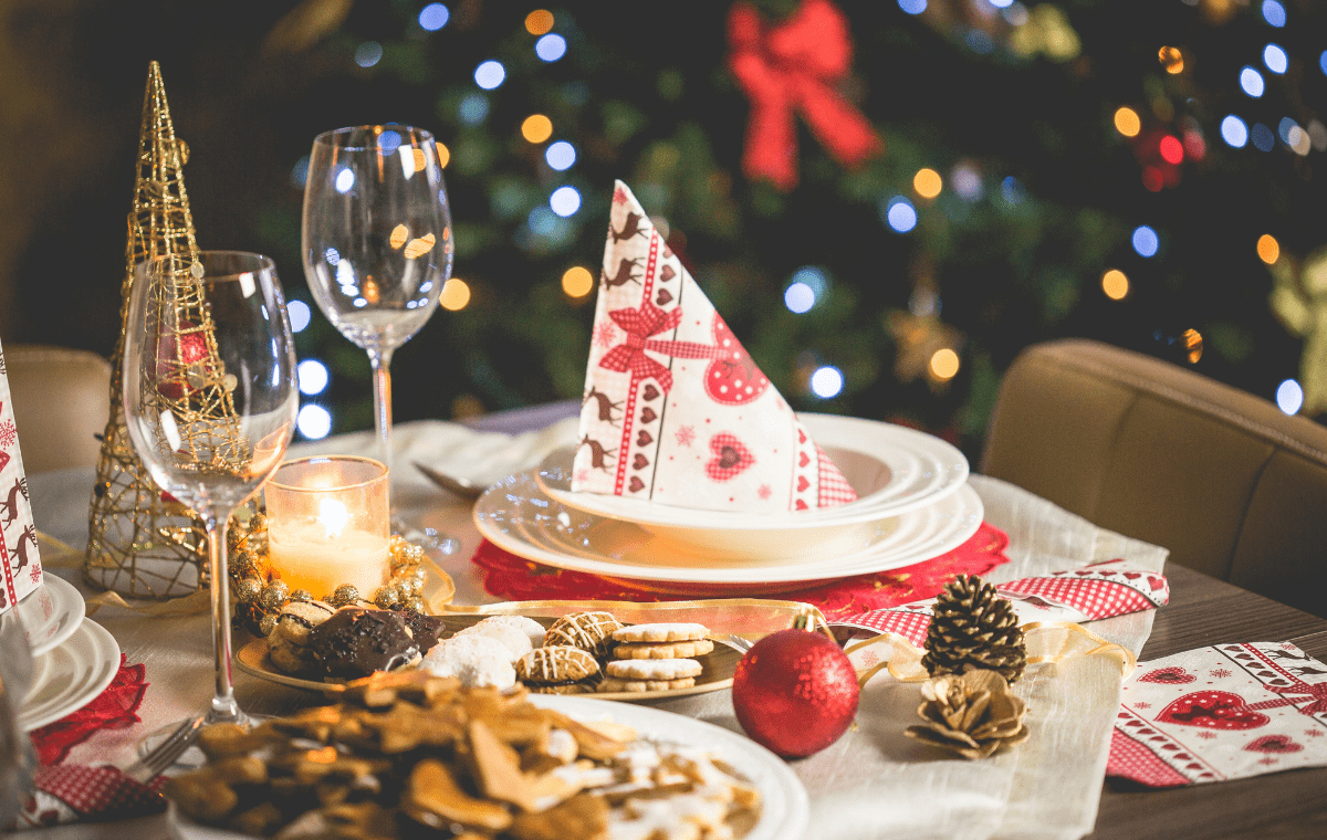 table set with holiday decorations