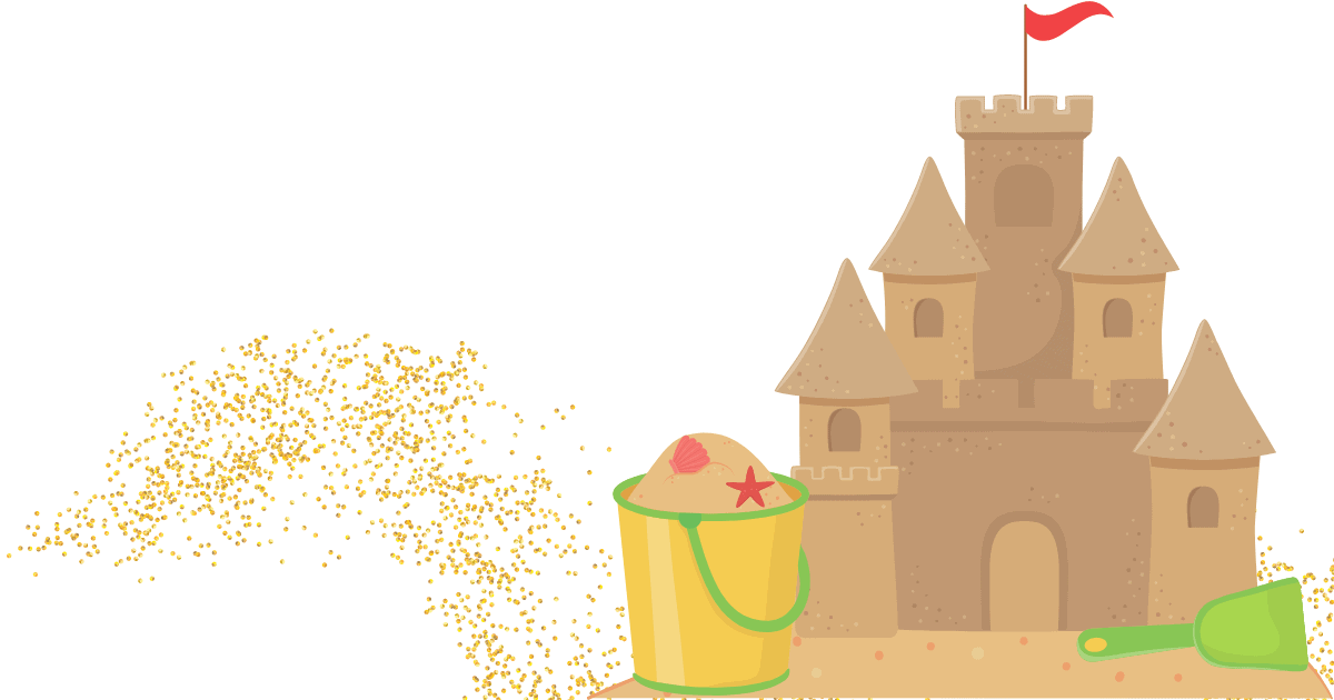 graphic of a sandcastle, bucket, shovel and blowing sand