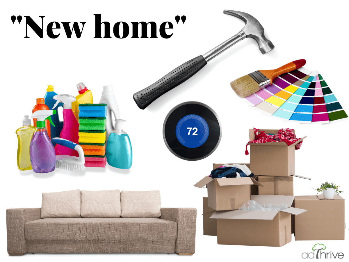 Image with new home products like paint samples, boxes, couch, hammer, and cleaning supplies