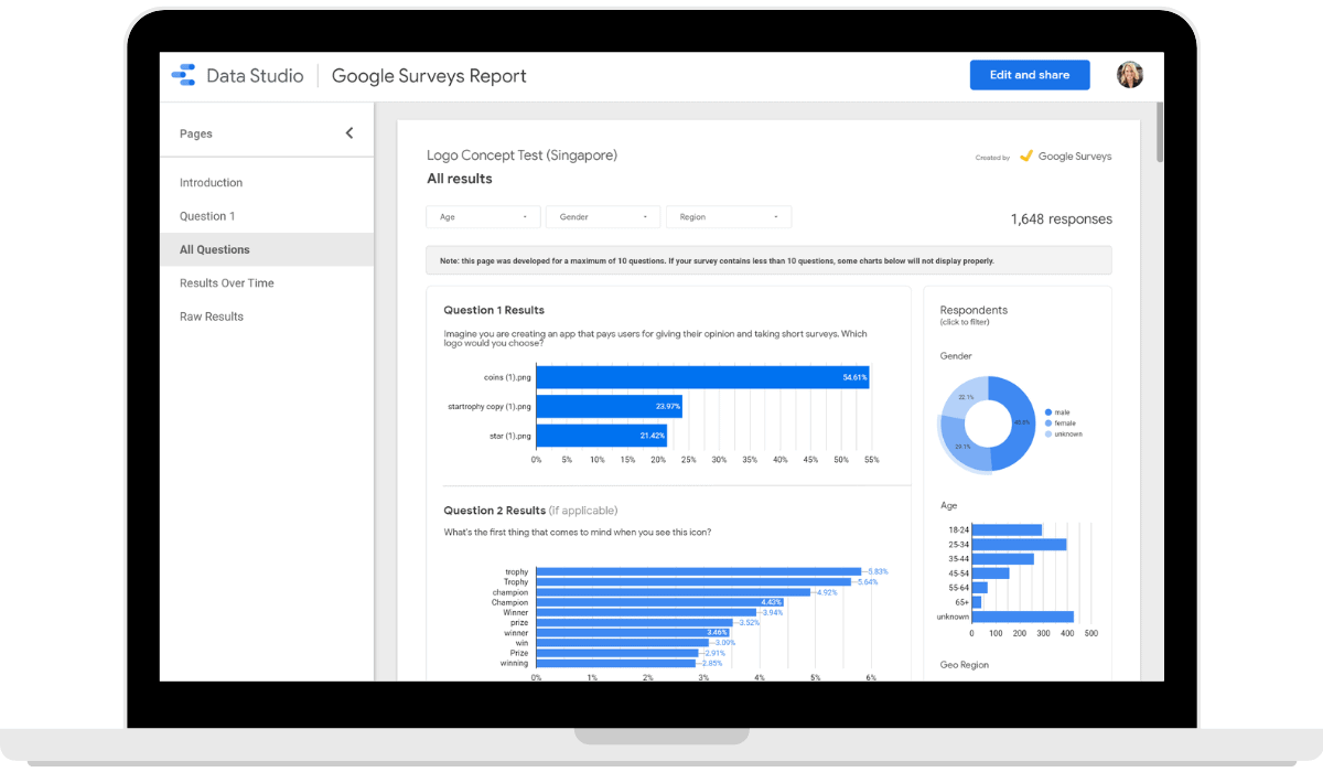 computer icon screenshot of a survey example report from Google Surveys