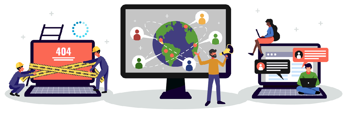 cartoon graphic of a broken site, a desktop, and a computer with customer service agents