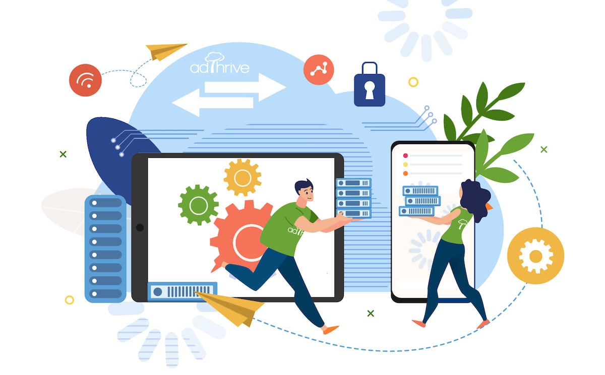 cartoon graphic of widgets, a tablet, and mobile device, with people handing up servers