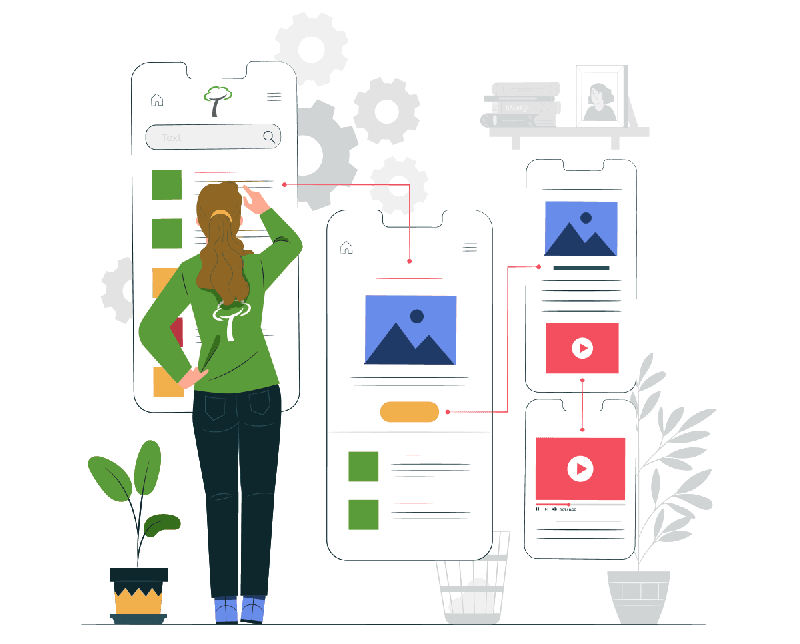 a cartoon graphic of a women looking at a map of mobile pages