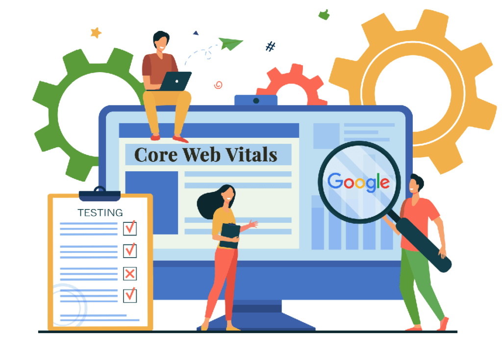 cartoon infographic of three people, widgets and a computer screen with core web vitals title and a magnifying glass with Google's name in it