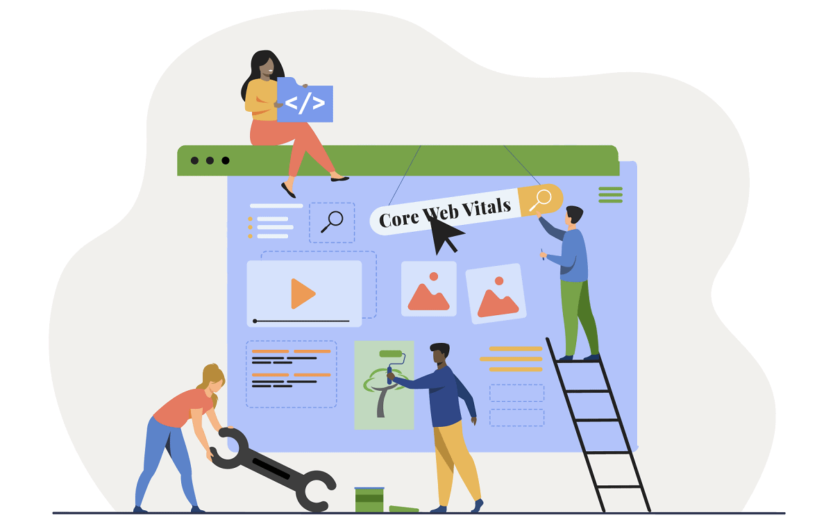 cartoon graphic with people working on a webpage with title