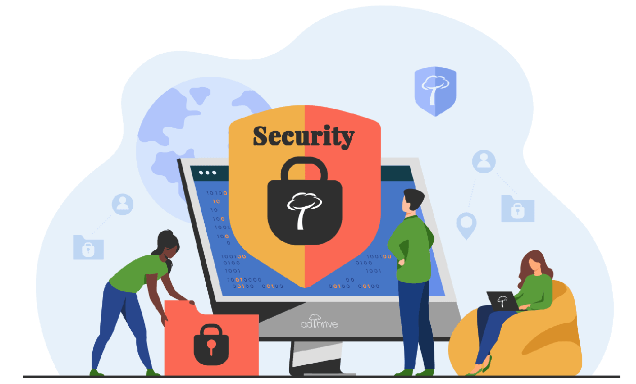 cartoon graphic of a large desktop with a security icon coming out of it and three people gathered round