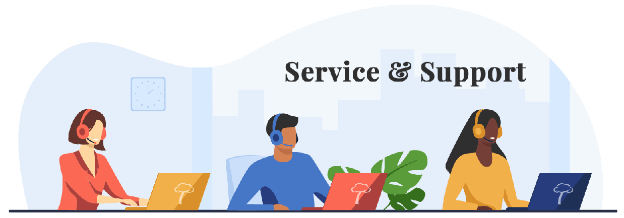 cartoon icon of three customer service people working on laptops at a desk