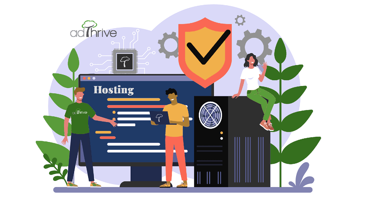cartoon graphic of three people with a desktop behind them with