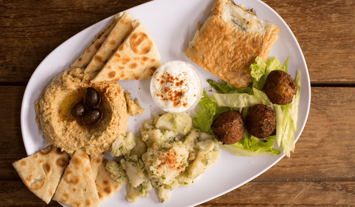 top down view of a plate of mediterranean food