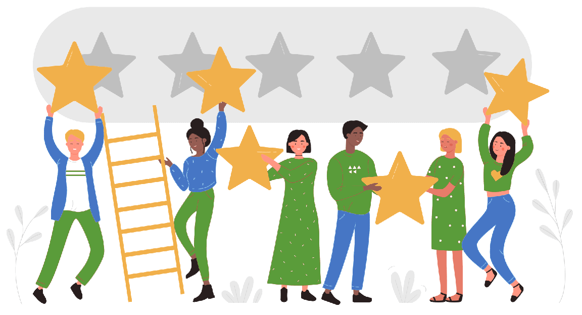 cartoon infographic of five people holding five gold stars and placing them in a five star rating board