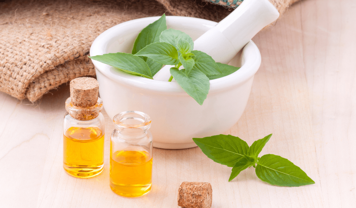 pharmacist grinding stone with herbs and bottles of oil