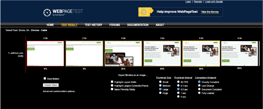 screenshot image of webpage test of adthrive.com to see test results