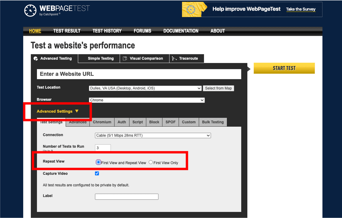 image of a webpage test site and where to go to start a test