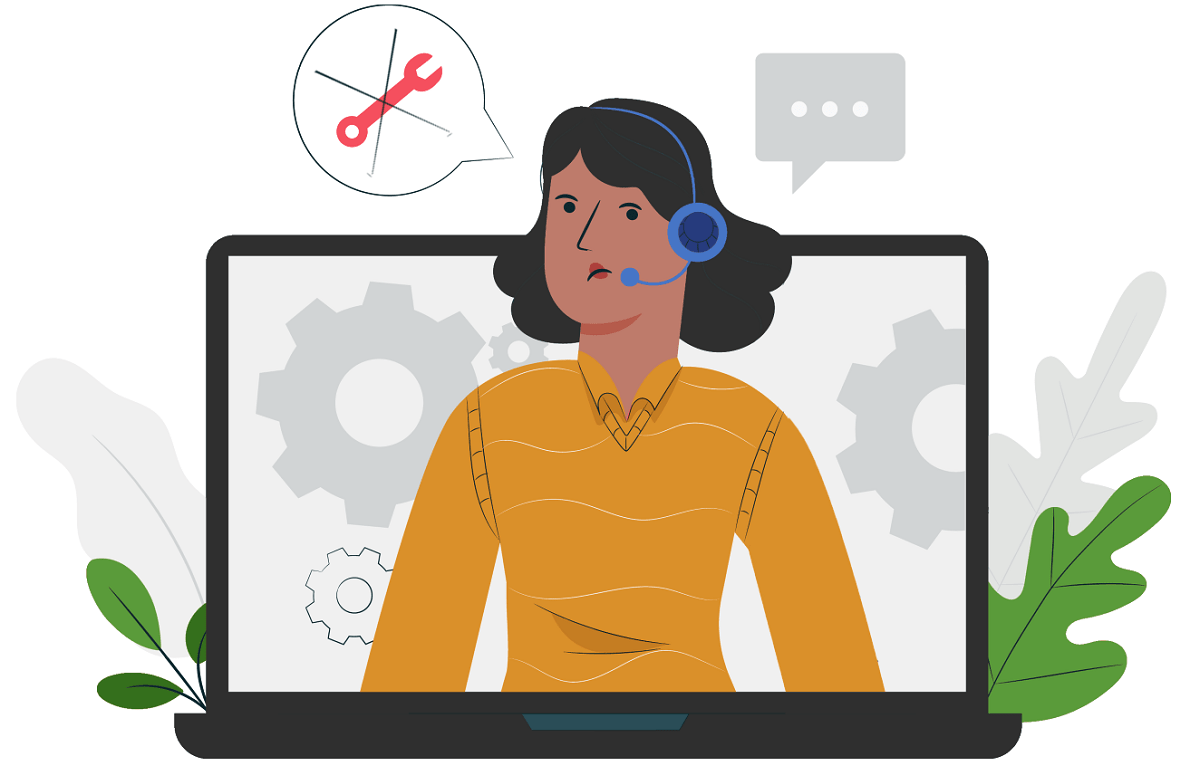 cartoon graphic of a customer service woman coming out of a laptop screen