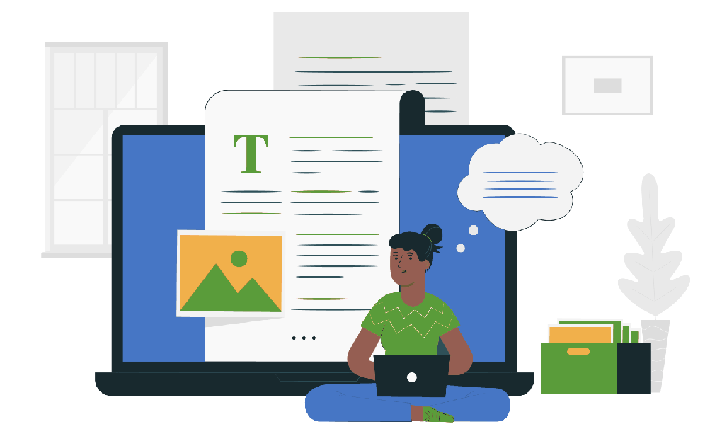 cartoon infographic of a woman at a laptop with computer as large background with a blog editor