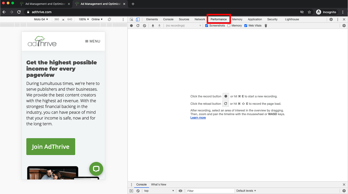 screenshot of where to find performance tab on Chrome Dev Tools interface