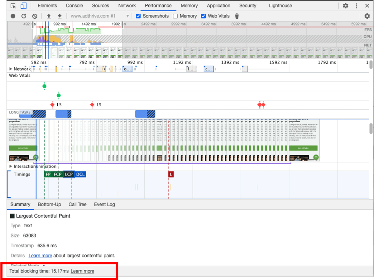 screenshot of where to find Total Blocking Time in Chrome Dev Tools