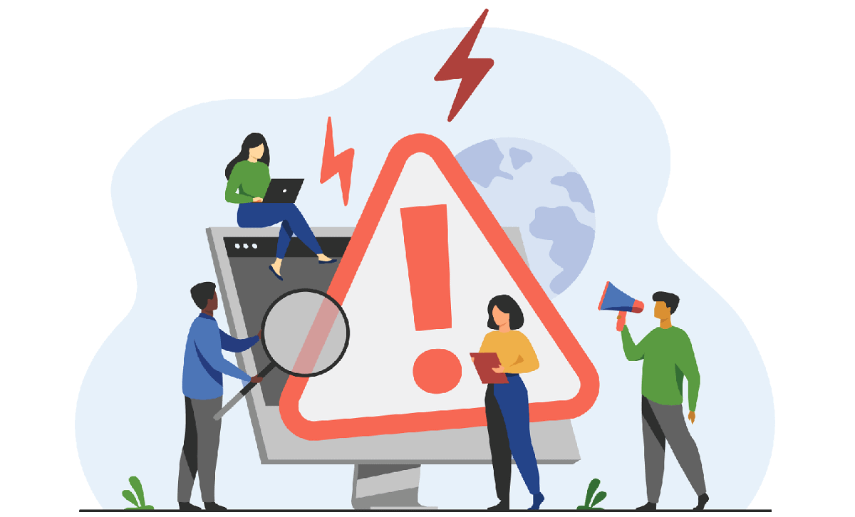 cartoon graphic of a broken site icon on a laptop with people around it