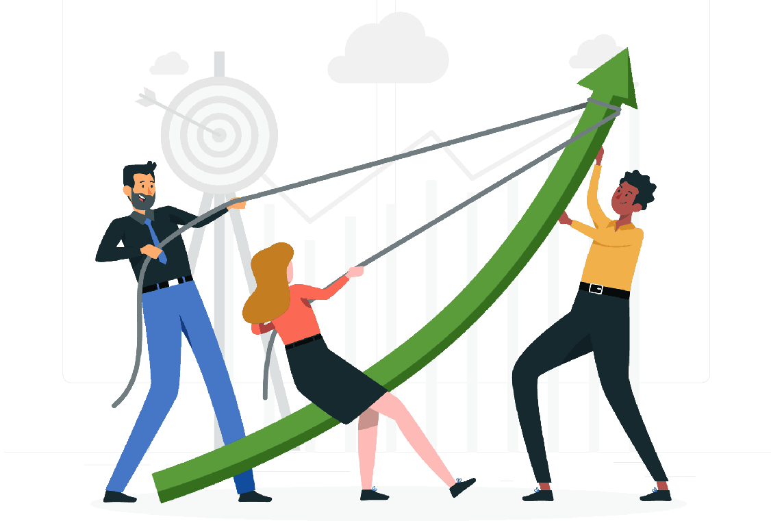 cartoon graphic of three people trying to reign in a exponential growth arrow