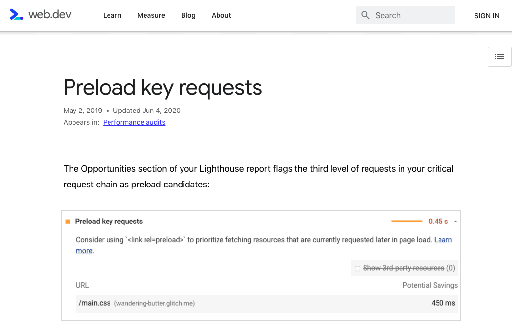 screenshot of the 'preload key requests' report in web.dev