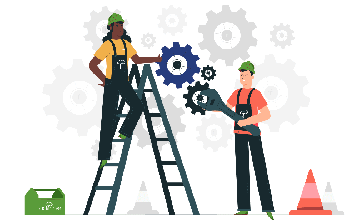 cartoon graphic of one person on a ladder and another on the ground each holding tools fixing widgets
