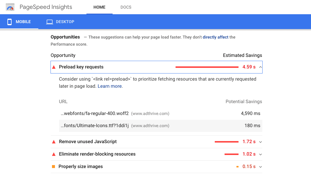 screenshot of pagespeed insights opportunities report