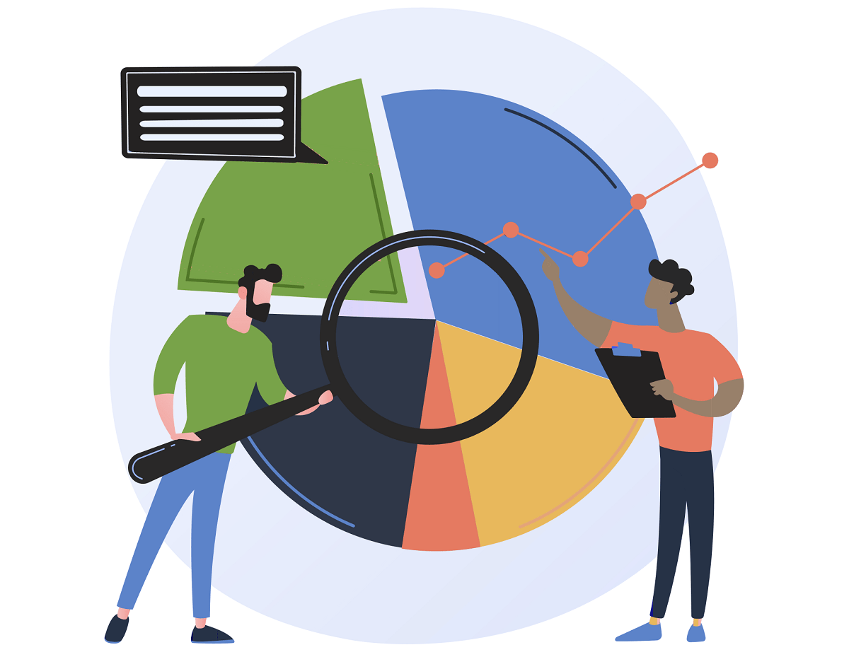 graphic of a circle graph broken into pieces and two people pointing to the data