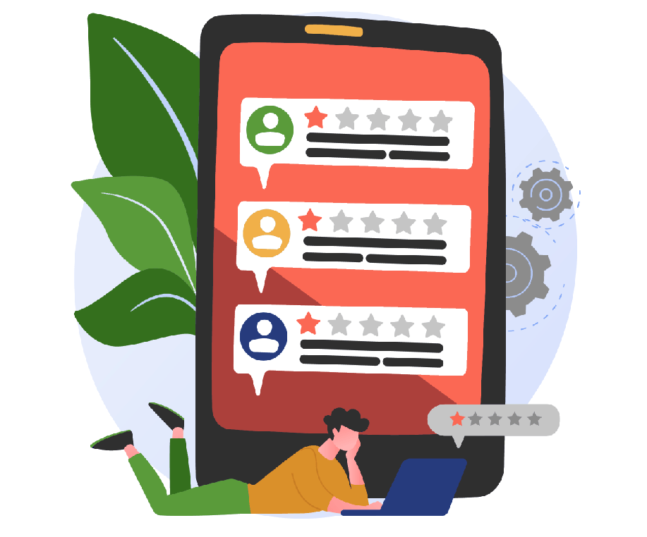 cartoon graphic of a mobile site with ratings charts on it