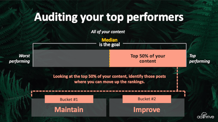 chart showing a bar graph highlight the top 50% of your content and then breaking that into bucket #1 and bucket #2