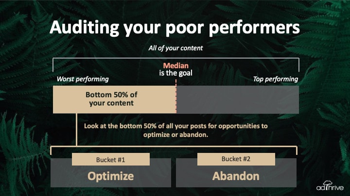 chart showing a bar graph highlight the bottom 50% of your content and then breaking that into bucket #1 and bucket #2