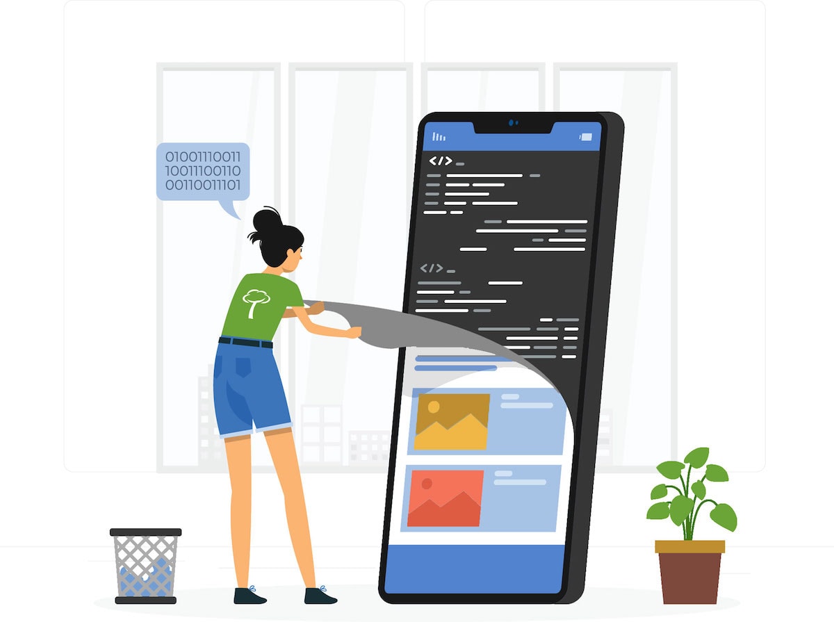 cartoon graphic of girl pulling back webpage on lifesize phone to see code