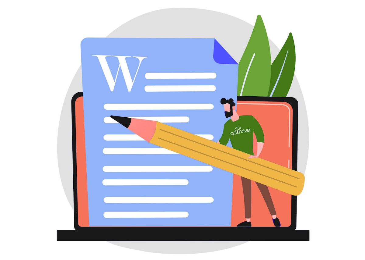 cartoon graphic of a lifesize page and a man holding a lifesize pencil