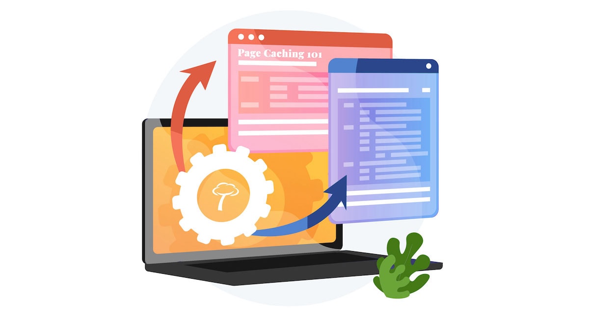 cartoon graphic of laptop and two webpages with widgets
