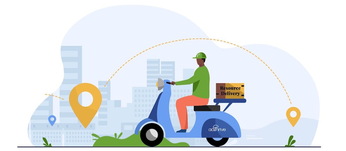 cartoon graphic of man on moped with box with