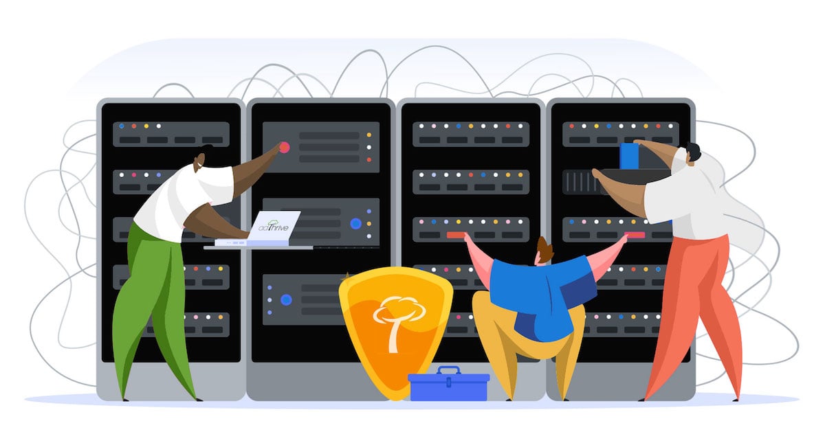 cartoon graphic of people working on servers