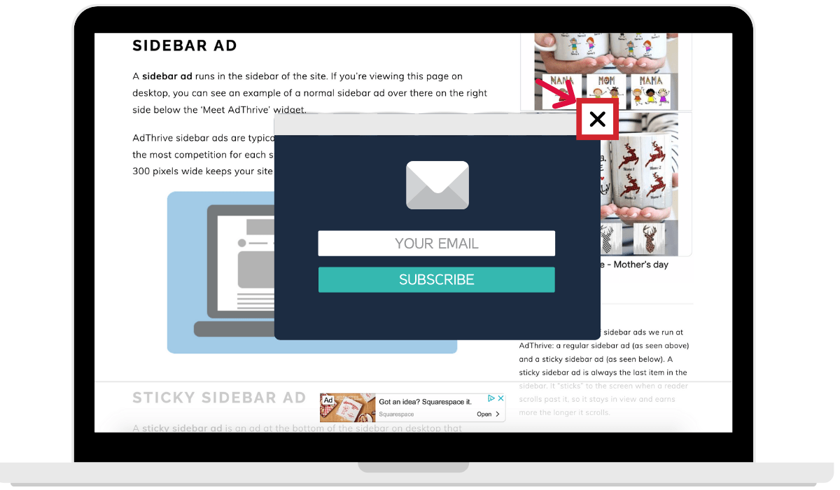 a screenshot image on a computer with a popup highlighting the close button is overlapping the sidebar ad