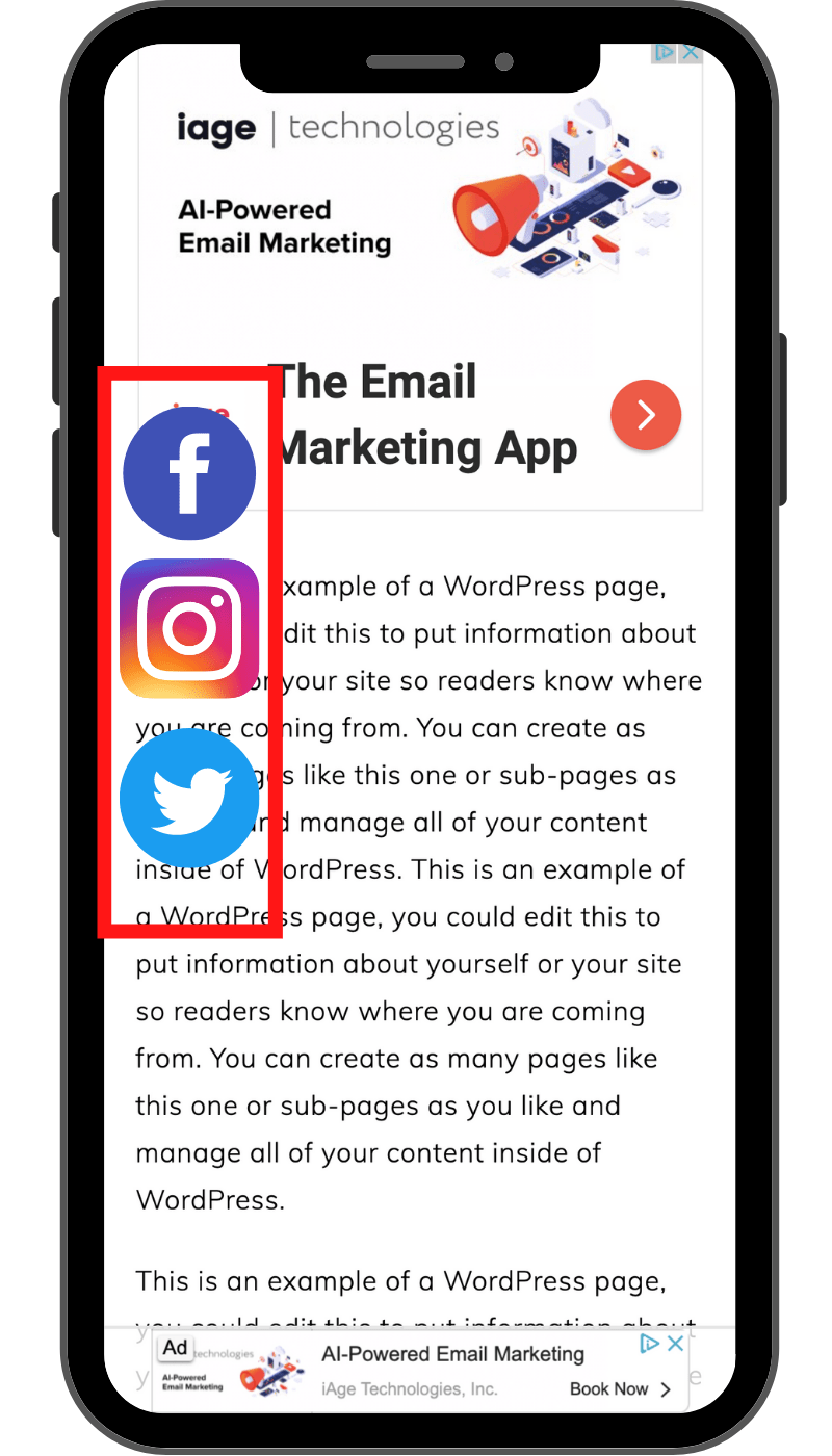 mobile phone graphic of a sidebar with social media icons covering content and the content ad