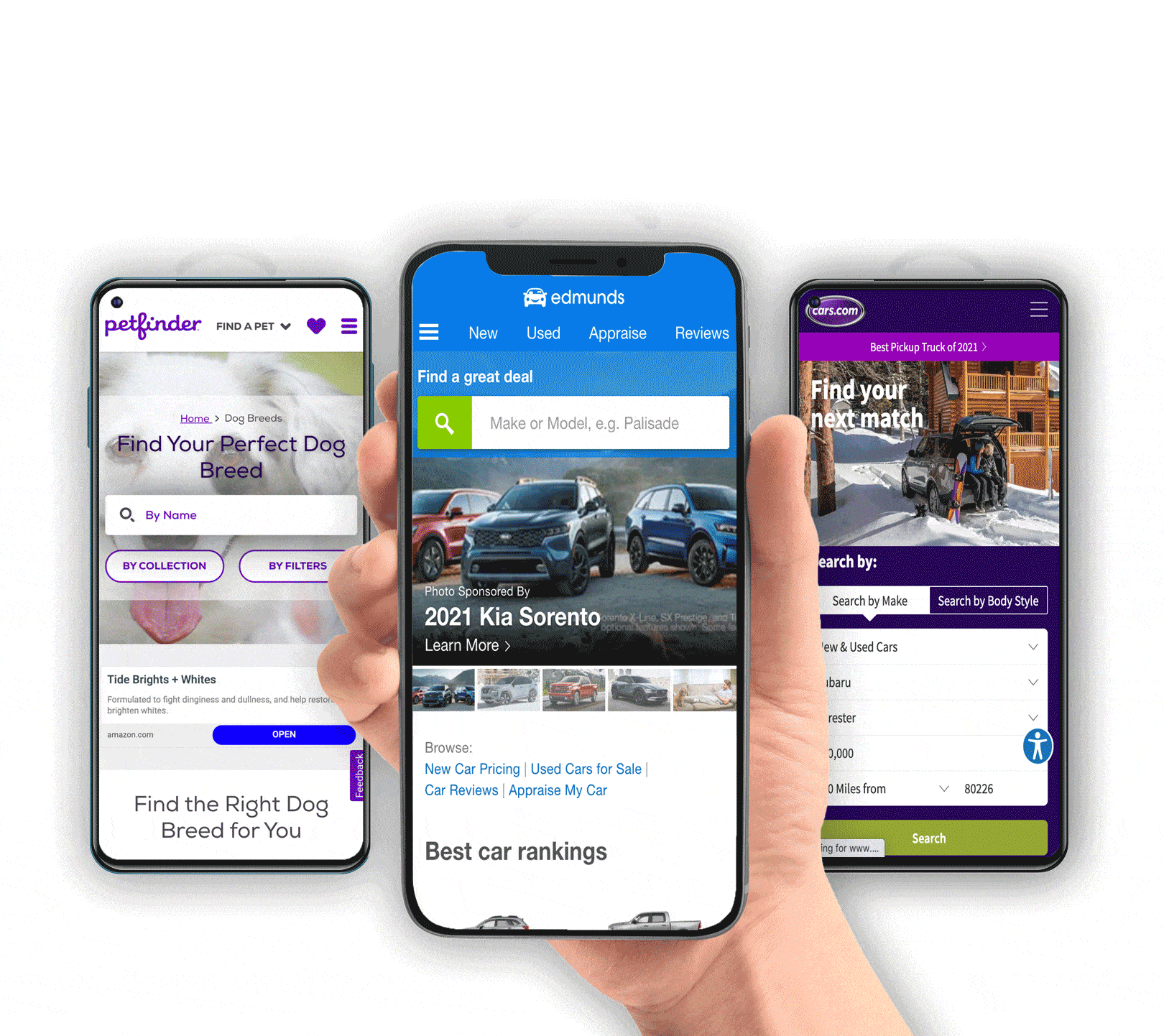 A hand holding a mobile phone in front of two other mobile phones that are animated to show how the browser assigns FLoCs.