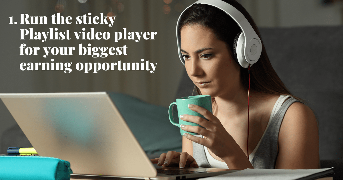 girl with headphones watching computer with title
