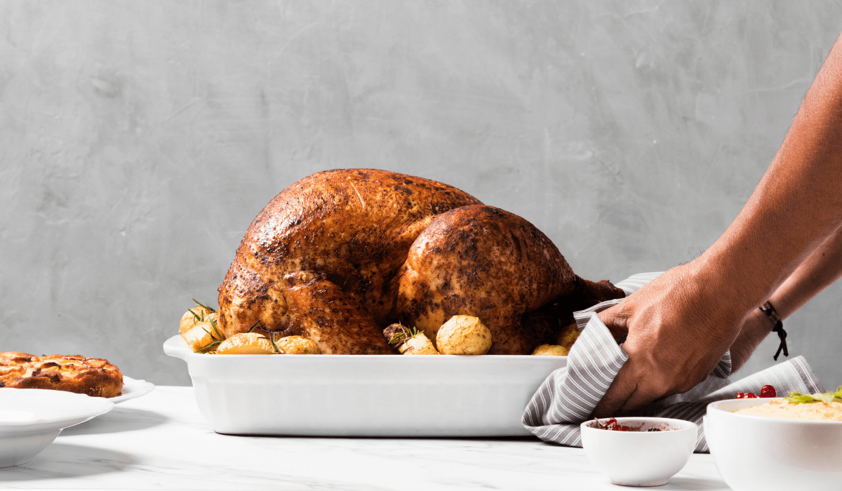 cooked turkey in a pan