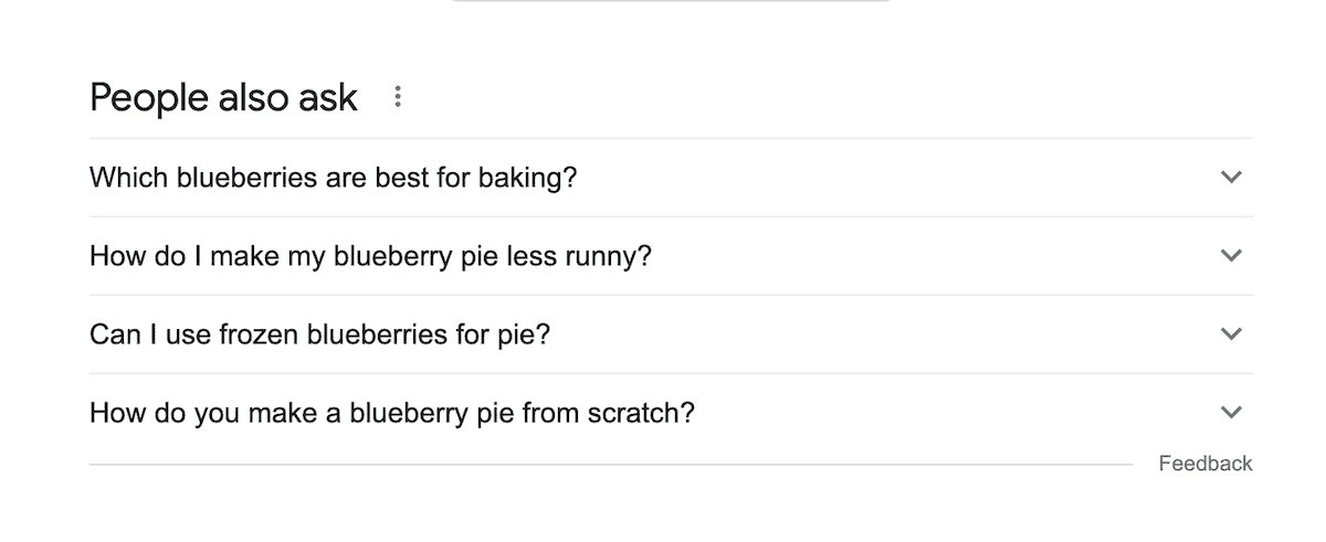 Screenshot of common questions people search for when looking up baking blueberry pies.