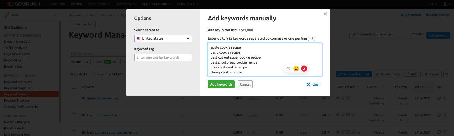 A screenshot of how to add words manually