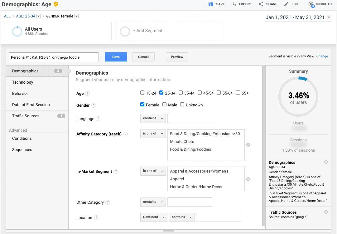 google analytics screenshot of a custom audience segment