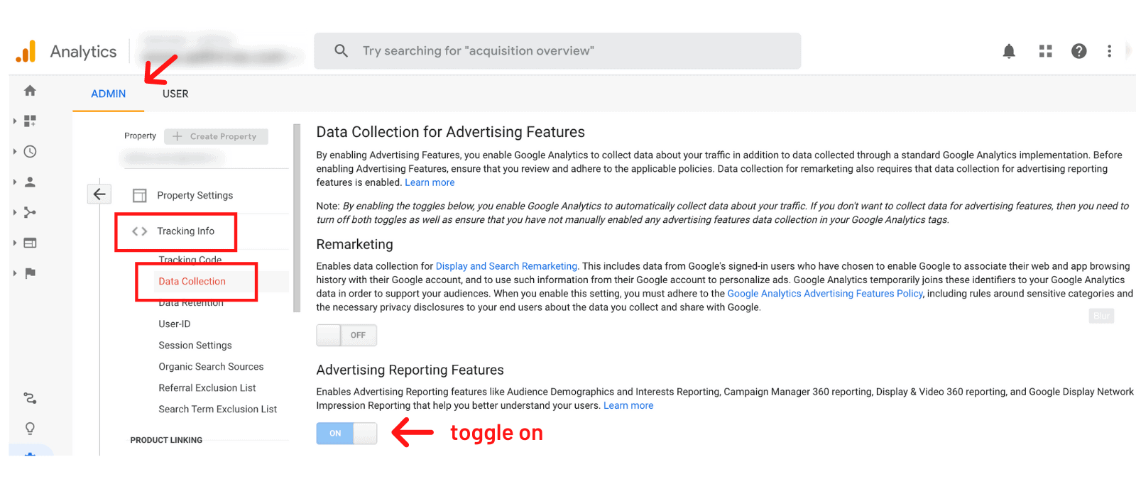 Google Analytics screenshot of where to turn on advertising reporting feature